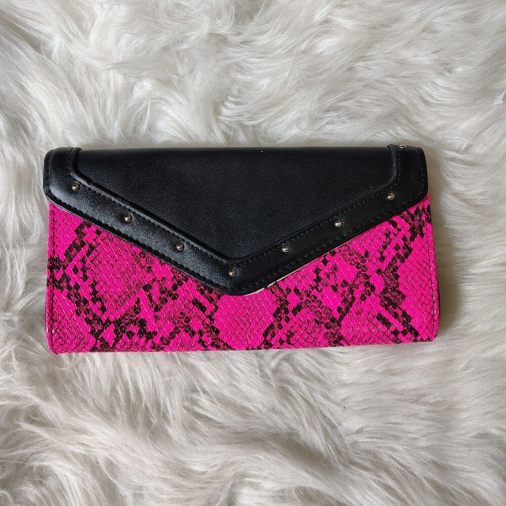 Y2K Inspired Hot Pink Faux Snake Skin And Studded Wallet
